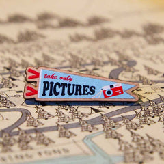 Take Only Pictures wooden pin (blue version)